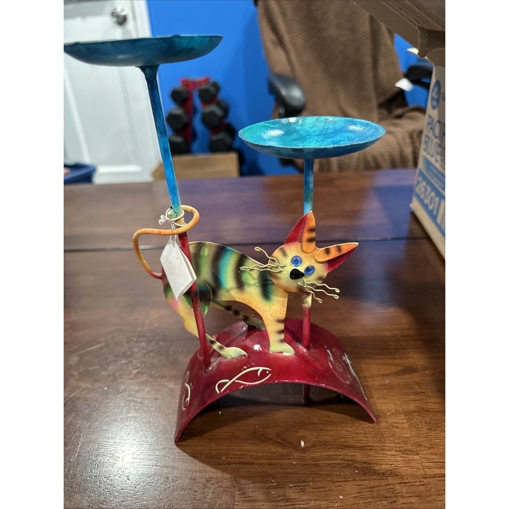 Cat Folk Art Metal Candle Holder Colorful Decor Blue‎ Crystal Eyes 6.5" 5" Base
